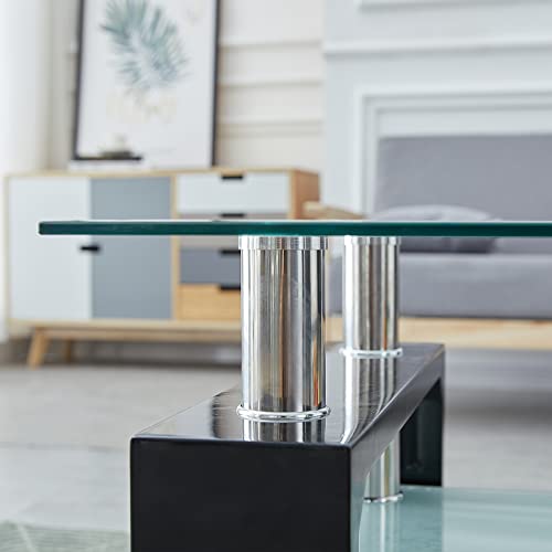 CLIPOP Rectangle Glass Coffee Table w/Tempered Glass Tabletop Stainless Steel Tube, 2-Tier Tea Table, Modern Center Side Table w/Lower Shelf & Wooden Legs for Living Room Guest Reception Room, Black