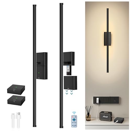 Battery Wall Light with Remote, Battery Operated Wall Sconces Set of Two,LED Rechargeable Sconces,360° Lighting Wall Scone Decor for TV, Mirror, Bedroom, Living Room(Black Aluminum)