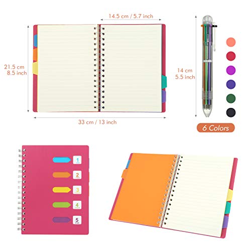 Kesote Carnet ligné avec stylo multicolore, 240 pages A5 Journal avec 5 onglets de couleur et 6-en-1 stylo à bille rétractable - Rose