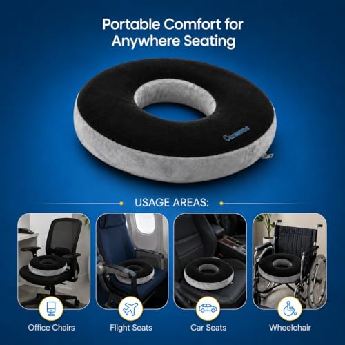 Image of Caresom Donut Round Ring Pillow for Tailbone Pain, Orthopedic Memory Foam Donut Seat Cushion, Piles Pillow for Hemorrhoids, Pain Relief for Piles, Coccyx, Prostate, Sciatica, Post-Natal, Pregnancy