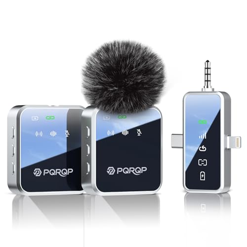 PQRQP 3 in 1 Mini Microphone for iPhone, Android, Camera | 328ft Range & 18H Battery | Noise-Canceling Mini Mic for Interviews, Content Creation, TikTok (Metallic Silver)