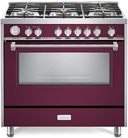 Verona Designer Series VDFSGG365BU 36 inch All Gas 5.0 Cu.Ft Range Oven Freestanding 5 Sealed Brass Burners Cooktop Convection Burgundy