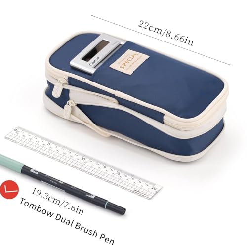 Image of PRANIJ Cute Aesthetic Large Capacity Expandable Pencil Case Pouch with Zipper Portable Office Stationery Desk Organizer for School Collage Boys Girls Adults Women Men (Navy Blue)