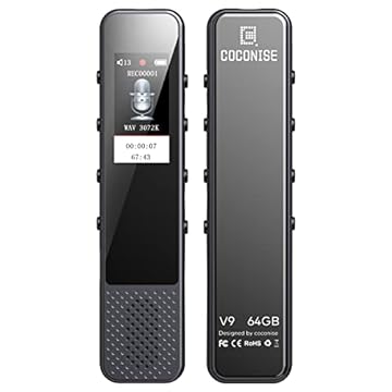 Gravador de voz digital COCONISE de 64 GB com gravação HD de 3072 Kbps, ativado por voz e reprodução em loop A-B, USB-C