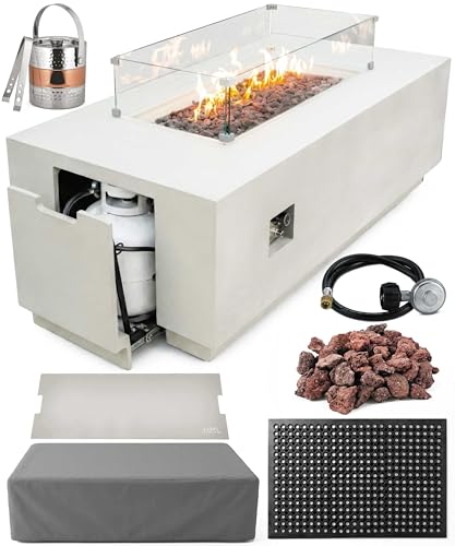 Image of AMS Fireplace Genuine Concrete Rectangular Propane Fire Pit Table for Outside Patio (66 inch Sedona) | Hidden Tank Drawer & Electronic Ignition | Bundle w /Wind Guard, Burner Lid & Cover (Cream White)