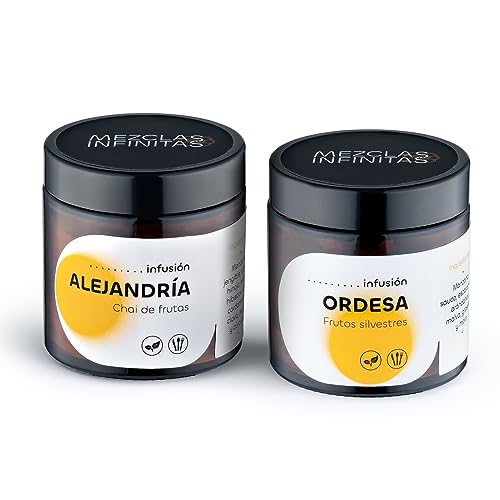 MEZCLAS INFINITAS Especias infusiones tea de todo el mundo ALEJANDRIA Chai de fruta ORDESA frutos silvestre tarros de vidrio sin gluten, vegetariano, para vegano .50g + 30g