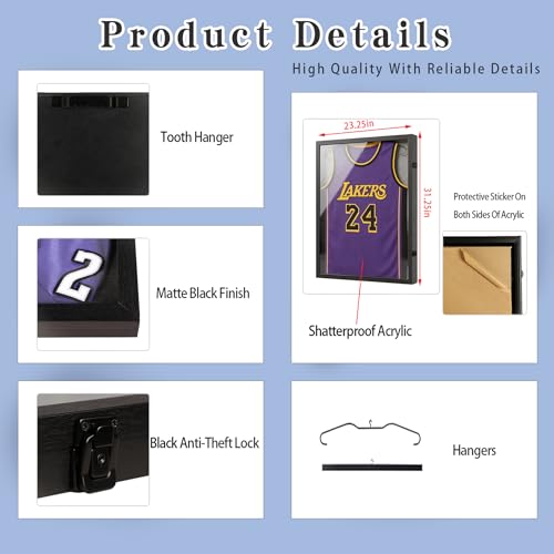 Image of Large Lockable Jersey Frame Display Case Wall Mount, T-Shirt Shadow Box with Clear UV-Protective Acrylic, Hangers Linen Backing for Football, Basketball, Baseball