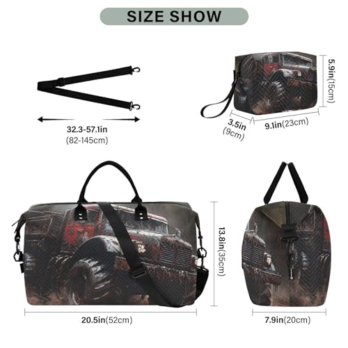 Large Travel Duffel Bag, Big Truck Sports Tote Gym Bag, Shoulder Weekender Overnight Bag for Women Men, Carry On Luggage with Toiletry Bags3
