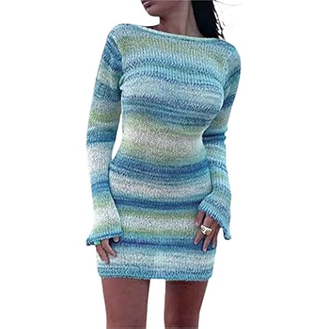 Women Summer Crochet Knit Dress Backless Beach Hollow Out Bodycon Mini Dress Long Sleeve Striped Sweater Dress Streetwear (Blue, Large) Cover