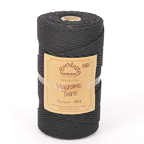 0.5KG SPOOLS EVERLASTO SINGLE TWIST SOFT COTTON MACRAME CRAFT TWINE 38/6 (4MM APPROX) (BLACK)