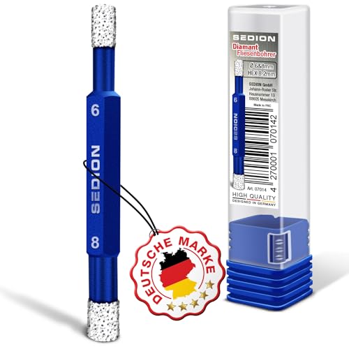 SEDION Profi - Fliesenbohrer Ø 6mm & 8mm Beidseitig Sechskant - Bohrer zum Bohren von harte Fliesen Feinsteinzeug Professional Diamantbohrer kompatibel mit Bosch Makita u.v.m. Bohrmaschinen