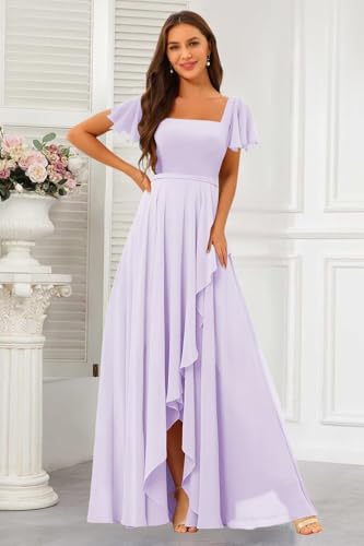 Square Neck Bridesmaid Dresses with Slit 2025 Chiffon Short Sleeves A Line Long Formal Gowns XOD04764