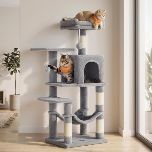 Image of Feandrea Cat Tree, 44.1-Inch Cat Tower, Plush Multi-Level Condo with 4 Scratching Posts, 2 Perches, Hammock, Cave, Light Gray UPCT261W01