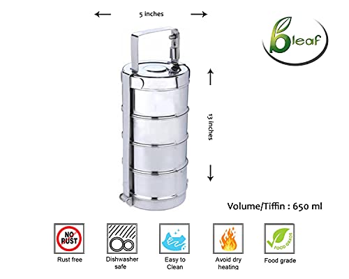 Image of BLeaf Stainless Steel-4 Container Lunch Box /Tiffin Box-Food Grade 4 Tier Dabba (800ml)