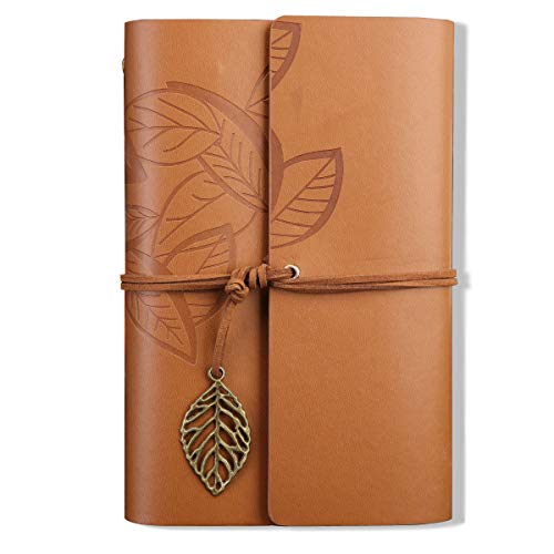 Leder-Schreib-Tagebuch Notizbuch, zweilagig, 14,7 cm, klein, Vintage-blanko, String-Tagebuch, Notizblock, Skizzenbuch, Reisen, unliniertes Papier, Retro-Blätter-Anhänger Brownish Yellow Cover