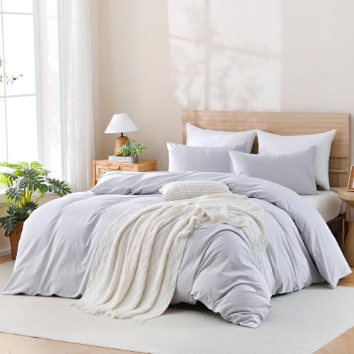 Image of TOCOMOA Blue Striped Duvet Cover Bedding Set 100% Washed Cotton Like Linen Feel Super Soft Comfy 3 Piece Pinstriped Comforter Cover Set (Queen 90 inchx90 inch, Comforter Not Included)