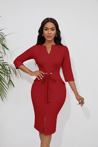 FANDEE Women's Vintage Dresses 3/4 Sleeve V-Neck Bodycon Pencil Midi Work Church Dress with Belt3