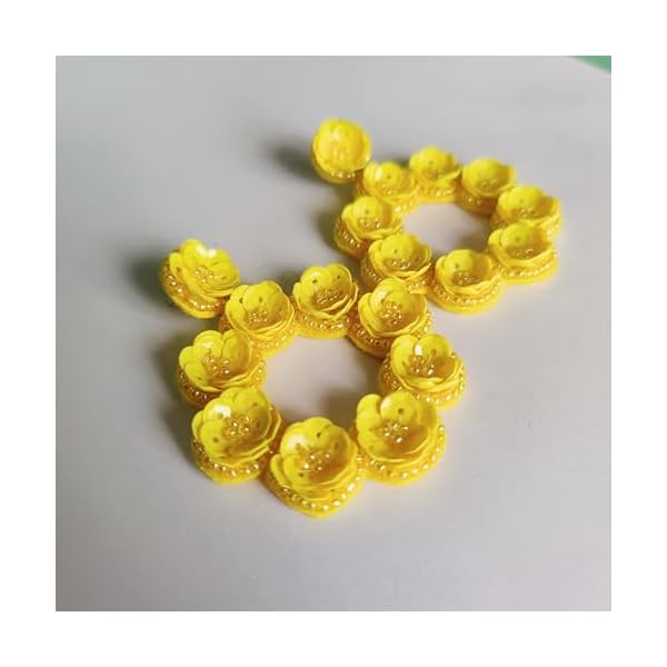 Elegant Yellow Handcrafted Flower Stud Round Sequence Earrings for Haldi Ceremony For Girls,Brides - Image 7