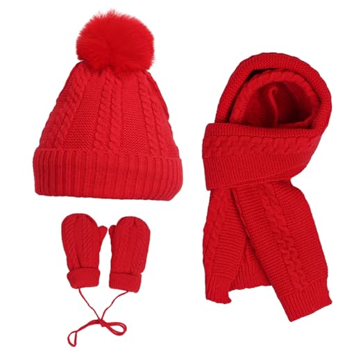 3Pc Kids Winter Hat Scarf Mittens Set for Boys Girls Age 6-10, Knitted Beanie Hat Gloves Neck Warmer
