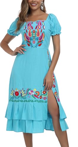 Image of YZXDORWJ Mexican Dress for Women Boho Embroidered Sexy Ruffle Maxi Dress Short Sleeve Summer Beach Wedding Party Dress