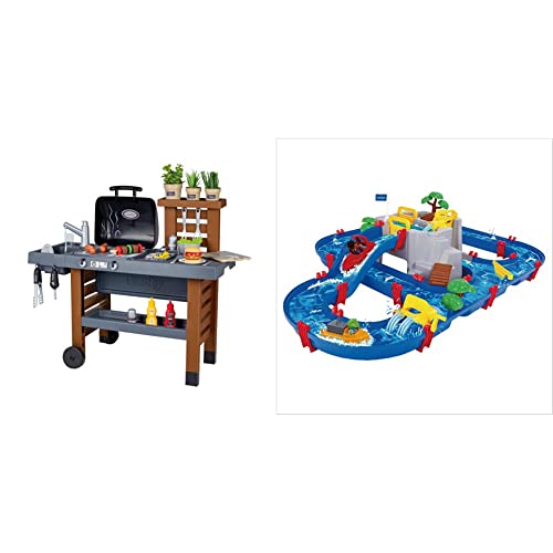 Smoby - Outdoor Gartenspielküche - inklusive Grill & AquaPlay - Wasserbahn Set Bergsee - 42-teiliges Spieleset mit Bergsee