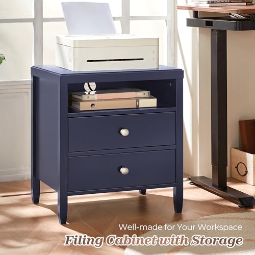 Image of Huuger Nightstand with Charging Station, Blue Nightstand with 2 Drawers