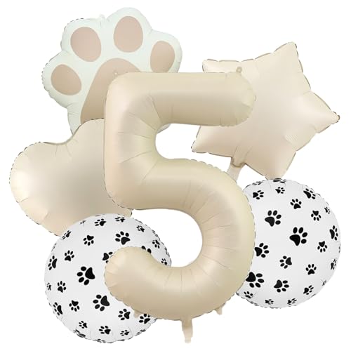 Image of 5th Birthday Dog Paw Balloons Set,18'' Paw Prints, Heart,Star,Paw Shaped Foil Balloon 40 Inch Cream Number 5 Helium balloons for Puppy Themed Third Anniversary Birthday Party Decorations Supplies 6PCS