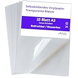 25 Din A3 Transparentes Vinyl Aufkleberpapier | Selbstklebende bedruckbare Vinylfolie für Inkjet- und Laserdrucker | Transparente Vinylblätter für Aufkleber, Etiketten und Sticker