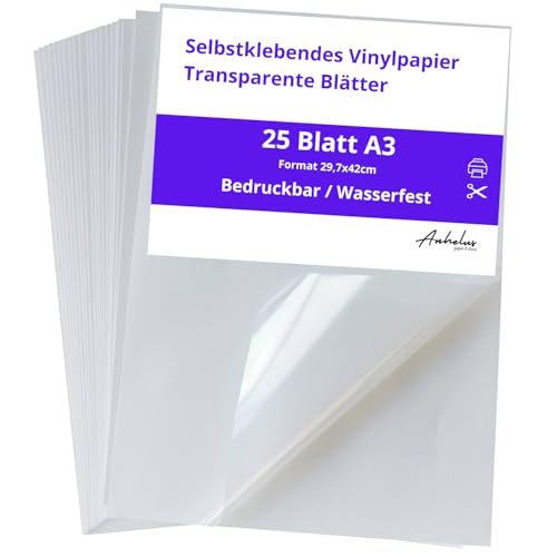 25 Din A3 Transparentes Vinyl Aufkleberpapier | Selbstklebende bedruckbare Vinylfolie für Inkjet- und Laserdrucker | Transparente Vinylblätter für Aufkleber, Etiketten und Sticker