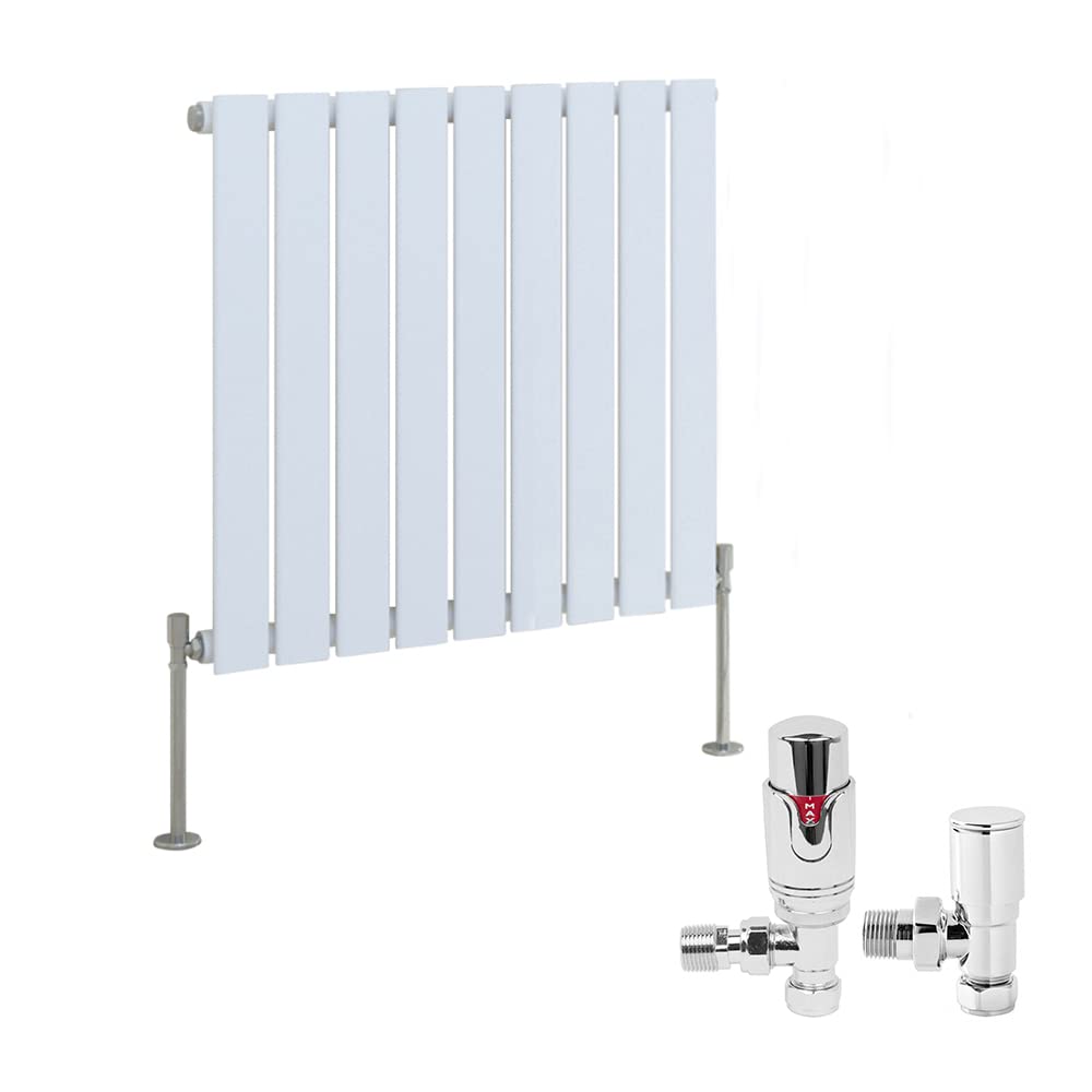 NRG 600 x 612mm Radiator Horizontal Single Flat Panel Design Bathroom Heater Central Heating Radiators Gloss White with Free Thermostatic Valves