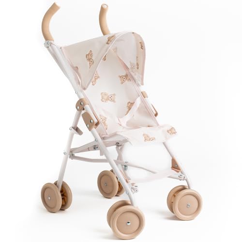 Roma Teddy XL Dolls Pram and Pushchair Adorable Teddy Print with Retractable Hood Swivel Wheels Folds Flat for Storage Suitable for Dolls and Teddies up to 42cm Ages 3 Plus