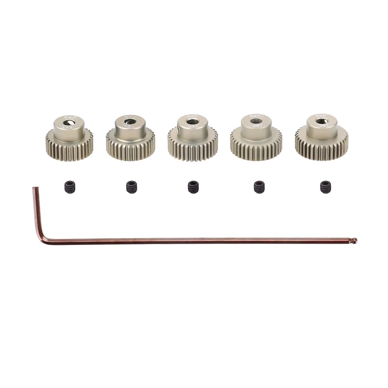 5pcs 64P 3.175mm (21T to 50T) Aluminum Alloy Metal Pinion Motor Gear for 1/10 RC Model - Includes Hex Key (21T-22T-23T-24T-25T)