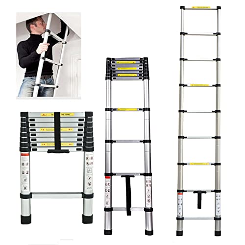 2.6m Teleskopleiter aus Aluminium, Tragbare Leiter Verstellbare Dachbodenleiter Leiter Telescoping Ladder Max. Belastung 150kg/330lbs Cover