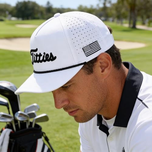 Image of Curves & Clubs Titties Golf Hat - Funny Golf Hat, Titties Hat - Funny American Hat - Men's Gifts (Cotton, White-Black)