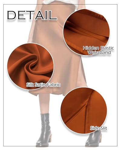 Image of Amy Babe Womens Satin Silk High Waist Slit Midi Skirt Long Skirts for Women | Elastic Waistband, Side Split, Midi Length, Below the Knee, Silky Fabric, Elegant, Fall Winter Outfits