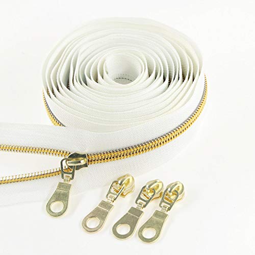 Image of #5 Antique Gold Metallic Nylon Coil Zippers by The Yard Bulk 10 Yards Tape with 25pcs Gold Sliders for DIY Sewing Tailor Craft Bag Leekayer(White)