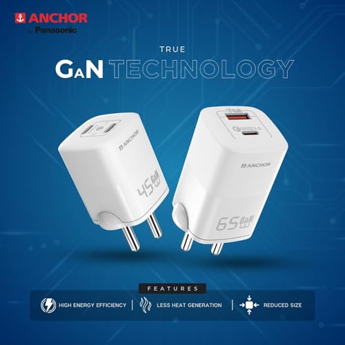 Image of Anchor by Panasonic Type C Dual Port 65W GaN Fast Wall Charger, Compact Travel Adapter with Short Circuit Protection, High Speed Charging for Samsung, iPhone, Headphone, Camera, Laptop