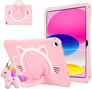 Vunake for iPad 10th Generation Case 2022 with Rotating Kickstand Fluffy Unicorn Keychain Silicone Protective Tablet Cover iPad 10 Case for Girls Kids Case for IPad 10th Gen 10.9 inch 2022,Pink Cat