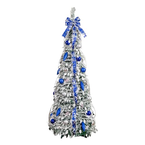 Nearly Natural 5ft Pre-Lit Artificial Pop Up Flocked Christmas Tree with Silver & Blue Ornaments, Ribbons, 100 Warm White LED Lights