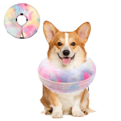 Image of Dog Cone, Uadonile Inflatable Cone Collar for Dogs and Cats, Dog Neck Collar Recovery E-Collar Alternative After Surgery, Elizabethan Collar for Dogs Recovery(Tie-dye Pink Blue, M+)