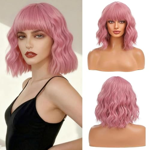 ZXTGBQ Welle Rosa Bob PerüCke FüR Frauen Kurze Gewellte PerüCke NatüRliche Lockige PerüCken Mit Pony Synthetische Cosplay Per PerüCken Schulter LäNge Lockig FüR TäGliche Party Cosplay Tragen Halloween