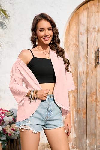 Image of Womens Casual Lightweight Cardigans Open Front 3 /4 Sleeve Cardigan Summer Cover Up(Large, Light Pink)