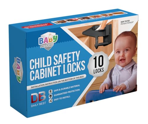 DB DAILY BEST - Cabinet Locks for Babies - Child Safety Latches 10 Pack - Invisible Adhesive Baby Proofing Drawer Locks - Works with Most Cabinets and Drawers - No Drilling Installation - (Black)