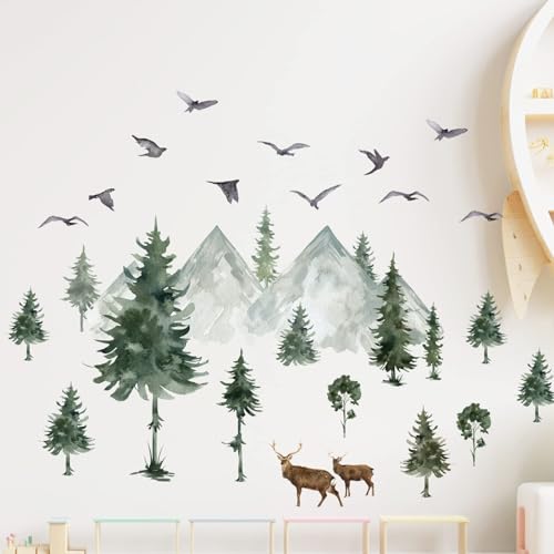 46 X34.6 Inch Large Mountain Wall Decals Pine Tree Forest Animal Wall Decals Peel and Stick Forest Tree Woodland Deer Birds Animal Wall Decals Mountain Tree Wall Stickers for Baby Room Nursery Decor
