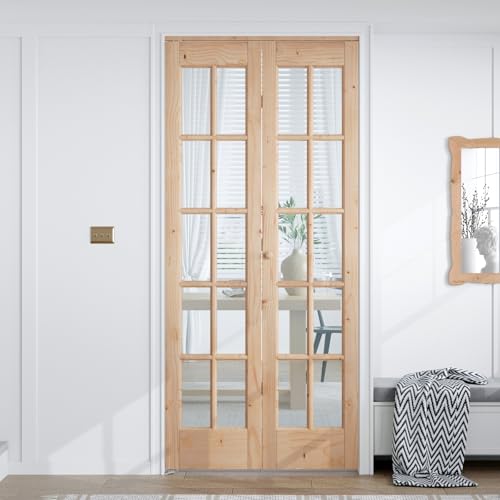 EaseLife Bifold Closet Door for 32in x 80in (Double 16x80) Opening French Glass Barn Doors with 2.66FT Concealed Bi-Fold Sliding Hardware Kit Included Preassembled Door Easy Install DIY staining