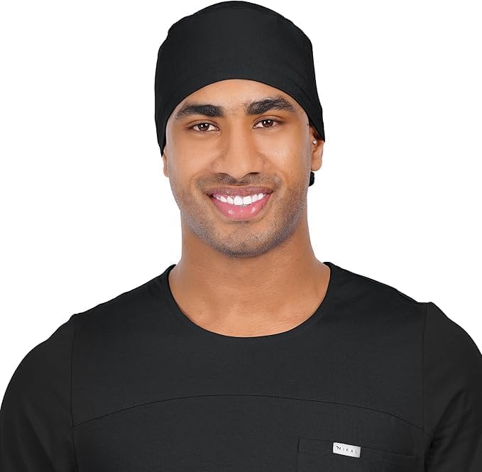 MIKAL Unisex Scrub Cap | Supersoft Cotton Spandex Sweat Absorbent | OneSize No-Slip Surgical Cap for Healthcare (Black)