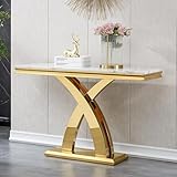 Maotifeys 1 Piece Living Room Console Table Luxury Faux Marble Entryway Table, Modern White Gold Sofa Console Table with X-Shape Stainless Steel Pedestal Base