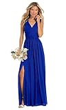 Sukleet Long Royal Blue Bridesmaid Dresses for Women with Slit Pockets V Neck Ruched Bodice Chiffon Formal Gowns Size 14