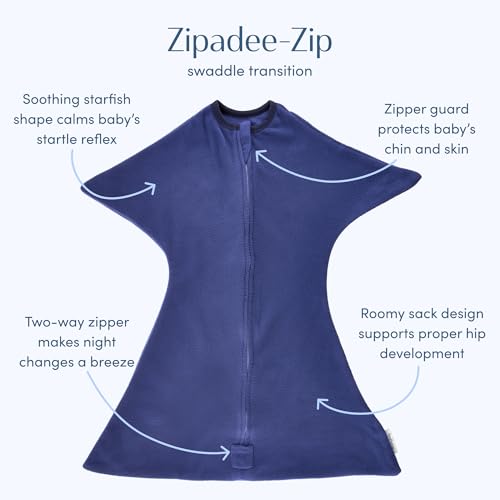 Image of SleepingBaby Zipadee-Zip Fleece Transition Swaddle - Arms-Out Wearable Blanket for Baby Sleep, Soft Breathable Fleece 0.8 TOG - Navy, Medium (6-12 Month)