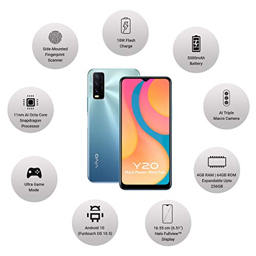Image of Vivo Y20 (Purist Blue, 4GB RAM, 64GB Storage) with No Cost EMI /Additional Exchange Offers